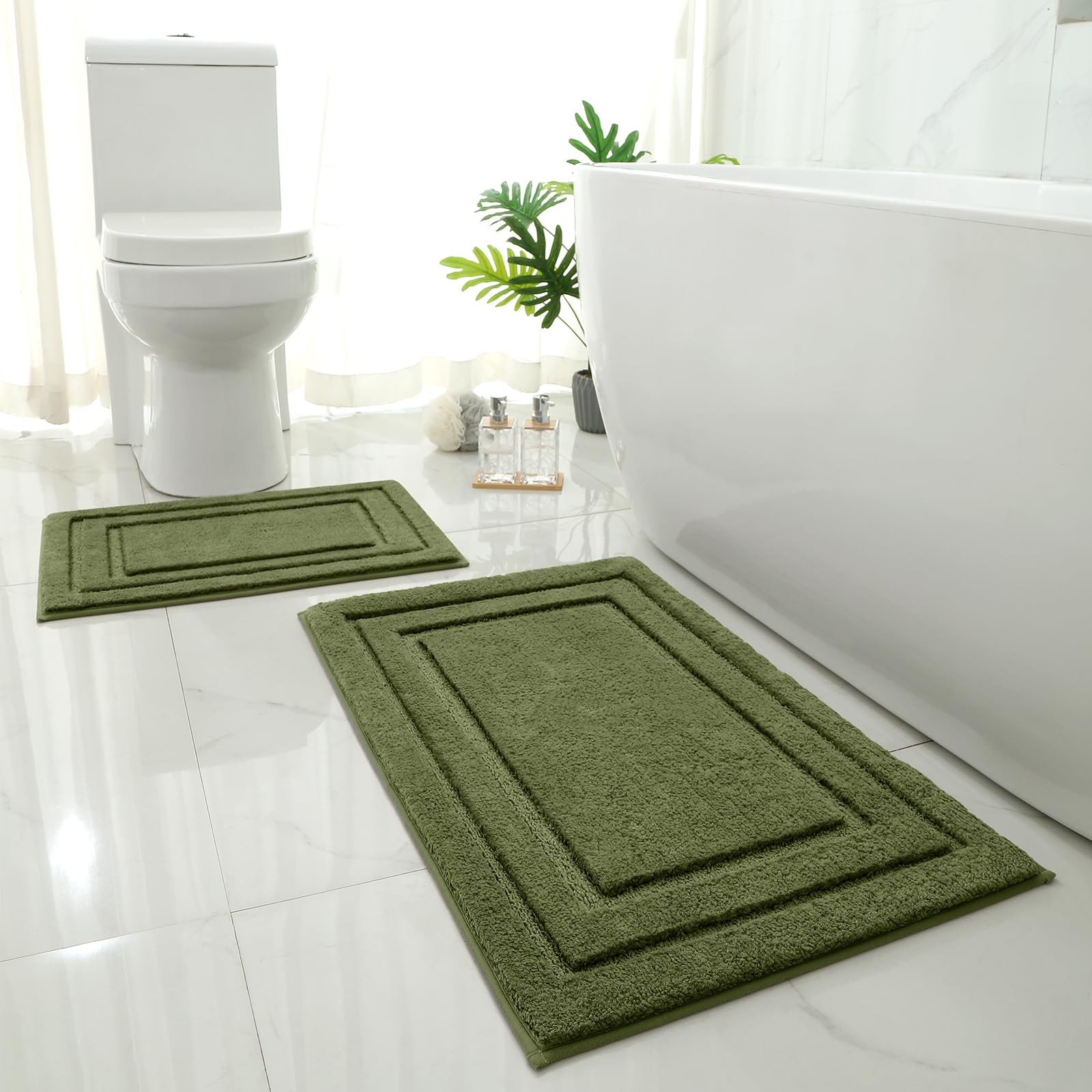 HOMEIDEAS bathroom rug set in sage green with non-slip backing for safer steps.