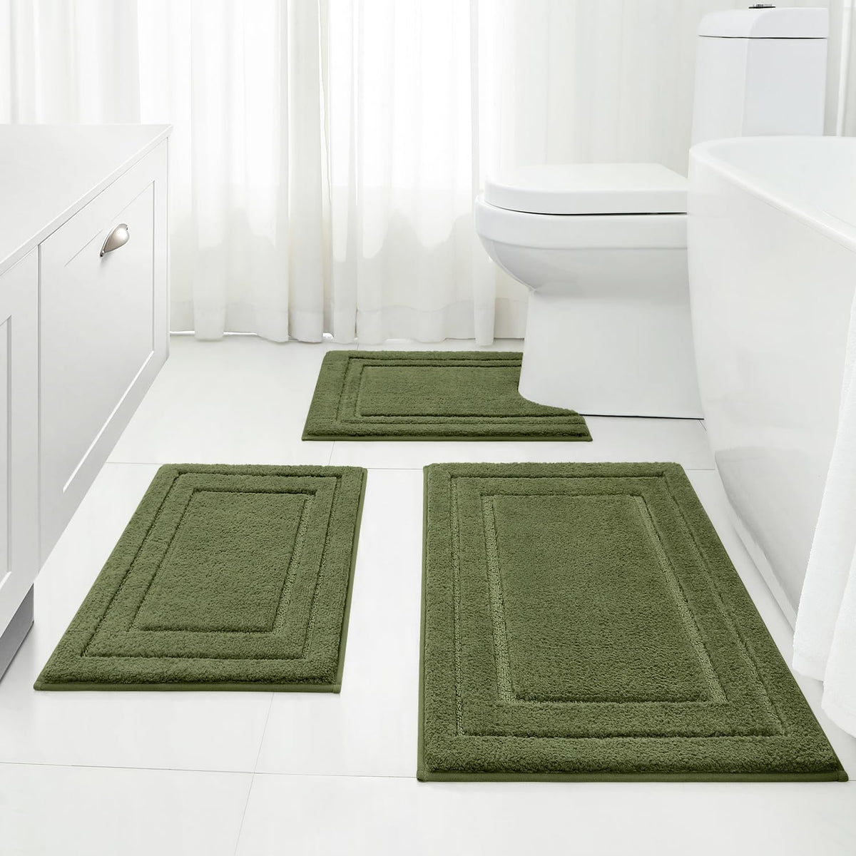 HOMEIDEAS 3-piece sage green bathroom rug set in 16x24 offers plush cushioning for feet
