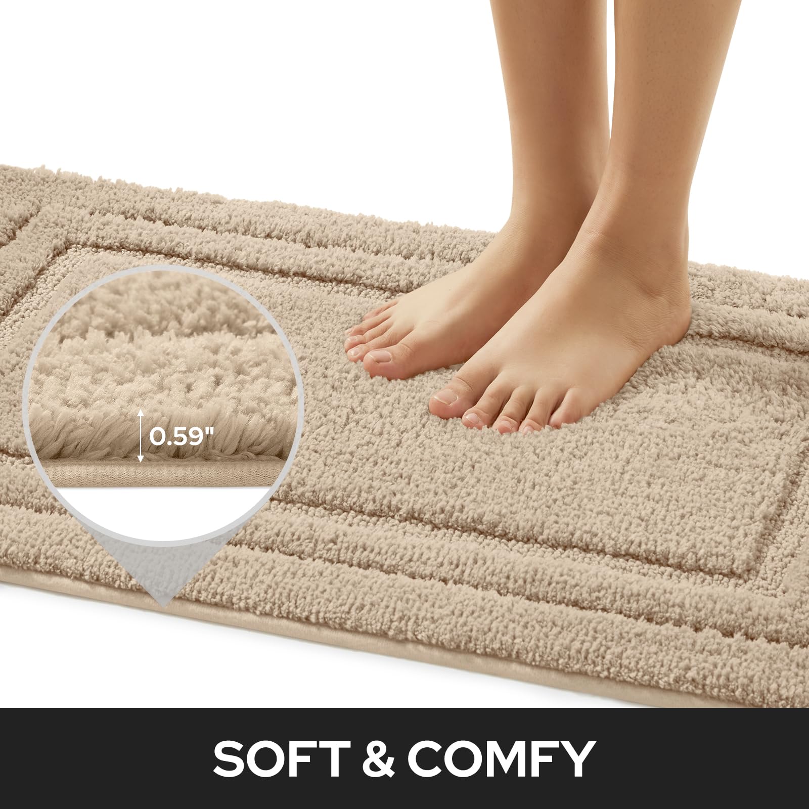 Homeideas bathroom rugs beige back view, non-slip backing for secure placement