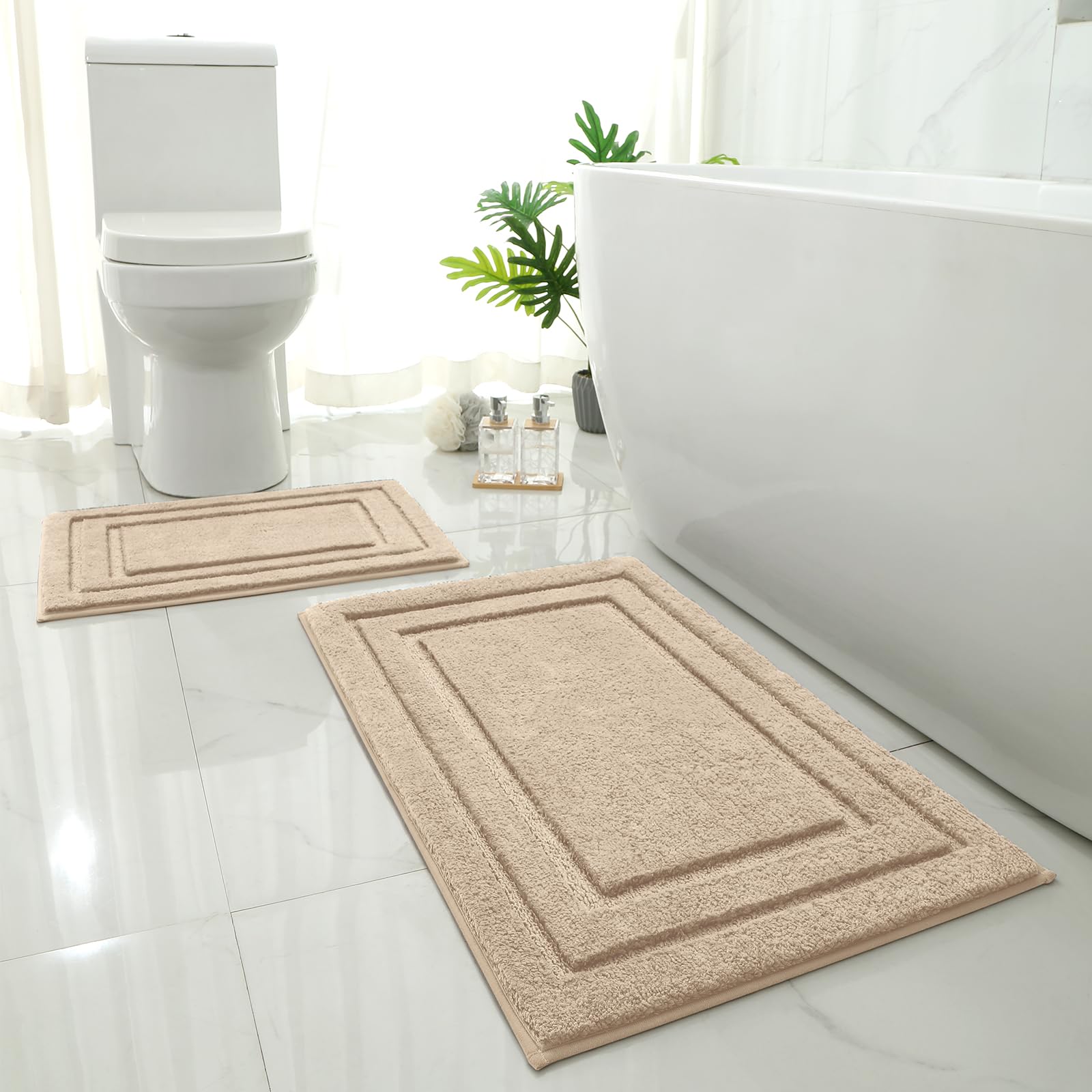 Homeideas bathroom rugs set beige front view, plush and absorbent for warm feet