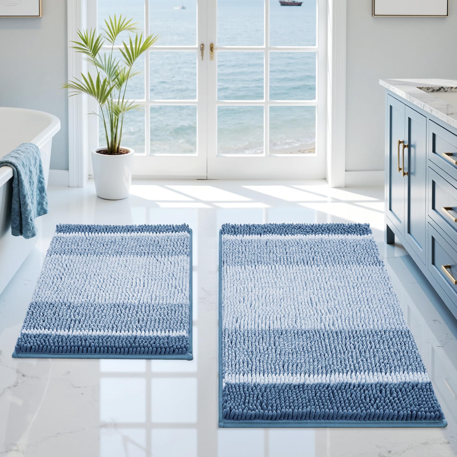 HOMEIDEAS blue bathroom rug set front view highlighting soft chenille for cozy feet