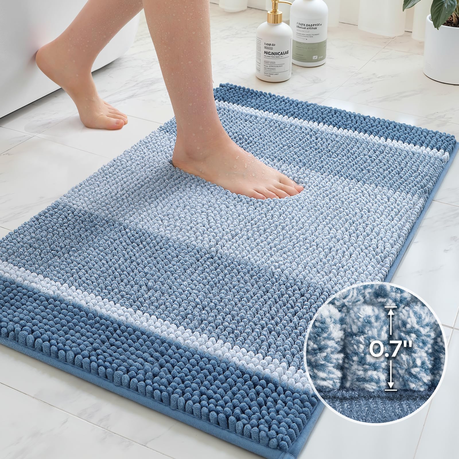 HOMEIDEAS blue bathroom rug set non-slip back close-up emphasizing secure footing