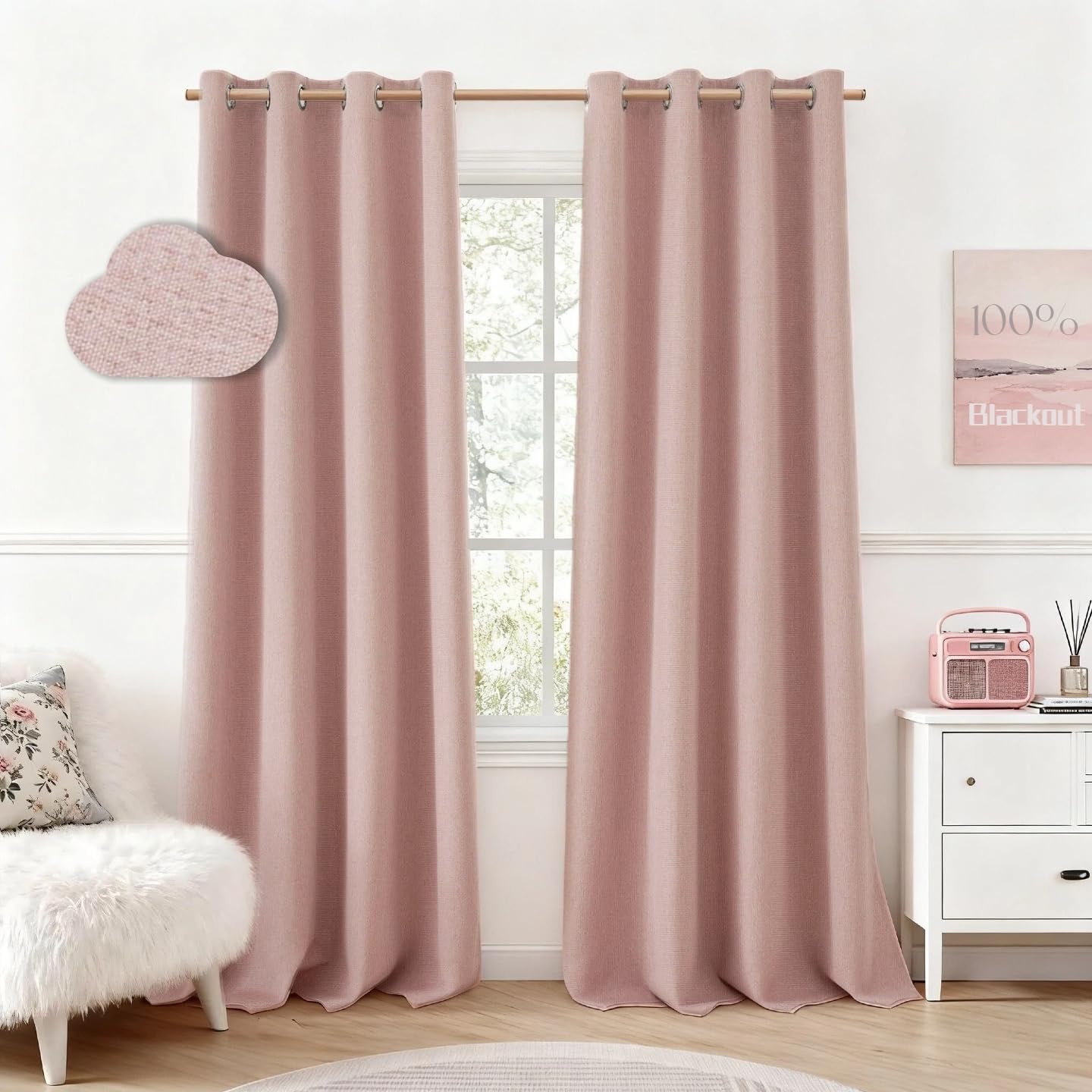 HOMEIDEAS blush pink blackout curtains fully darken a room for daytime rest.