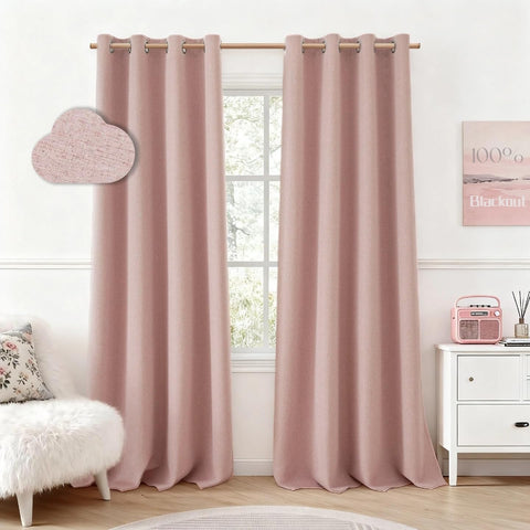HOMEIDEAS blush pink blackout curtains fully darken a room for daytime rest.