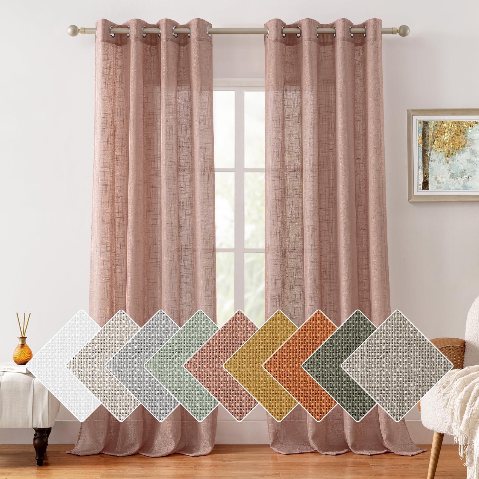 HOMEIDEAS blush pink linen textured curtain panel front view softly filters daylight for cozy rooms.