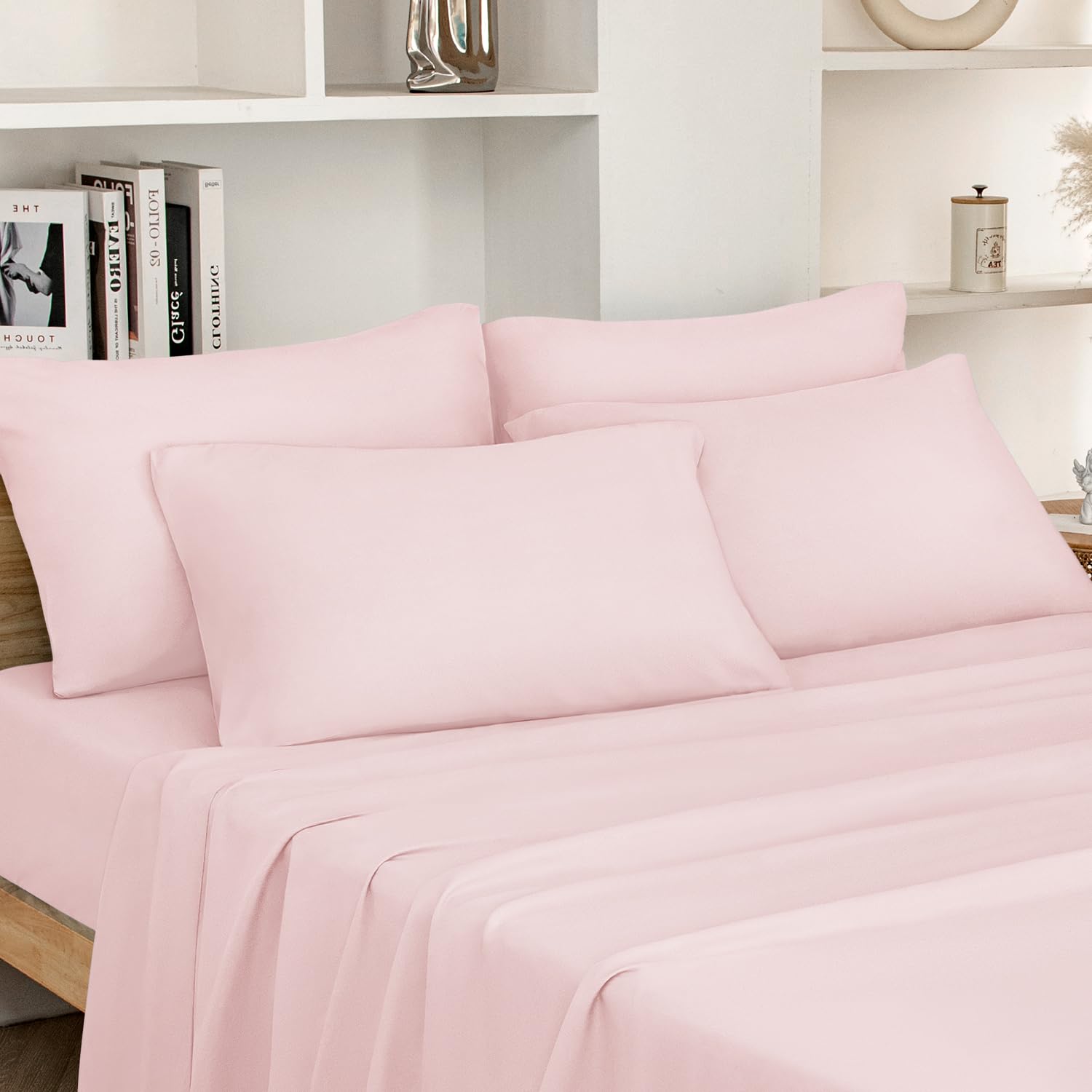 HOMEIDEAS full-size flat sheet in pale pink delivers a silky-soft feel