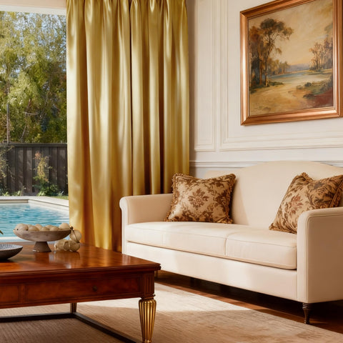 HOMEIDEAS gold faux silk curtains room-darkening panel blocks light for privacy.