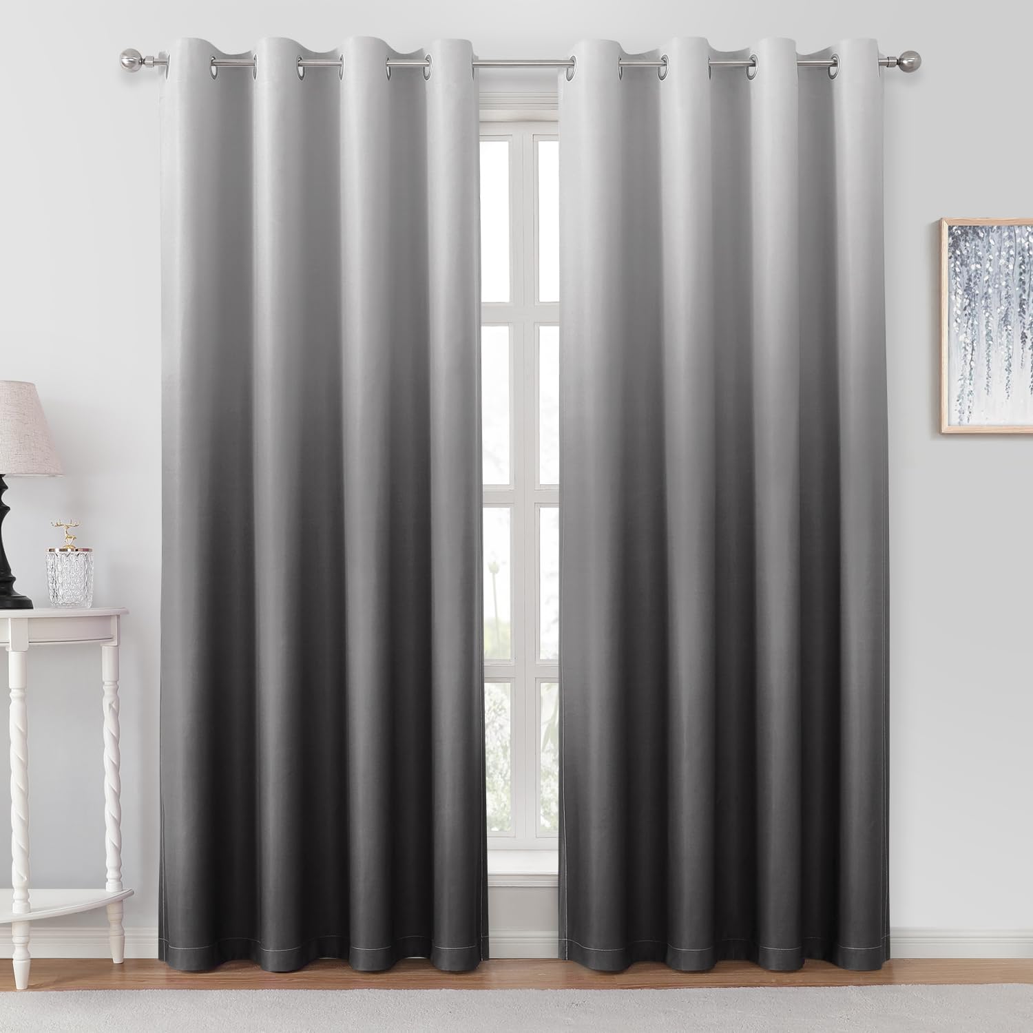 HOMEIDEAS grey ombre curtains; two panels offer privacy and soft light control.