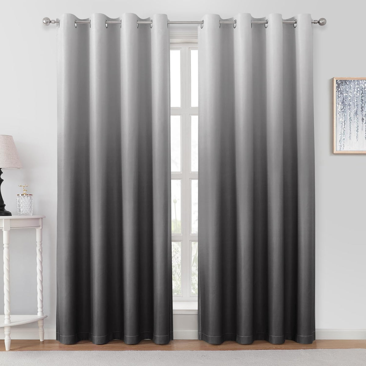 HOMEIDEAS grey ombre curtains; two panels offer privacy and soft light control.
