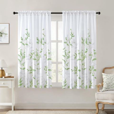 Homeideas leaf-print bottom semi-sheer curtain adds privacy with soft daylight.