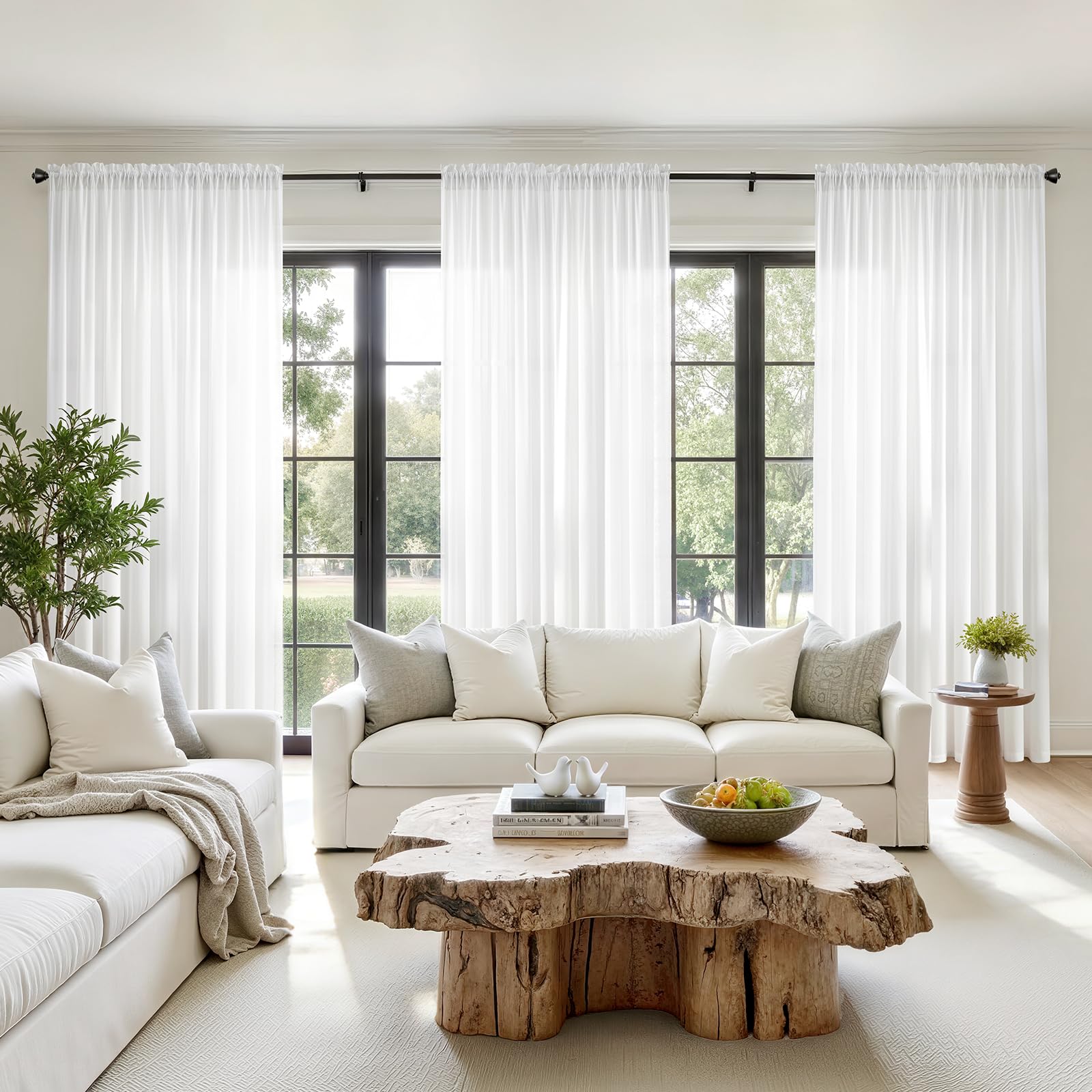 HOMEIDEAS light-filtering curtain in living room demonstrates balanced daylight and privacy