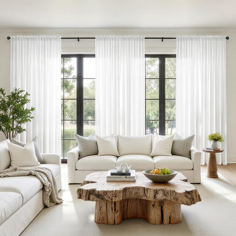 HOMEIDEAS light-filtering curtain in living room demonstrates balanced daylight and privacy