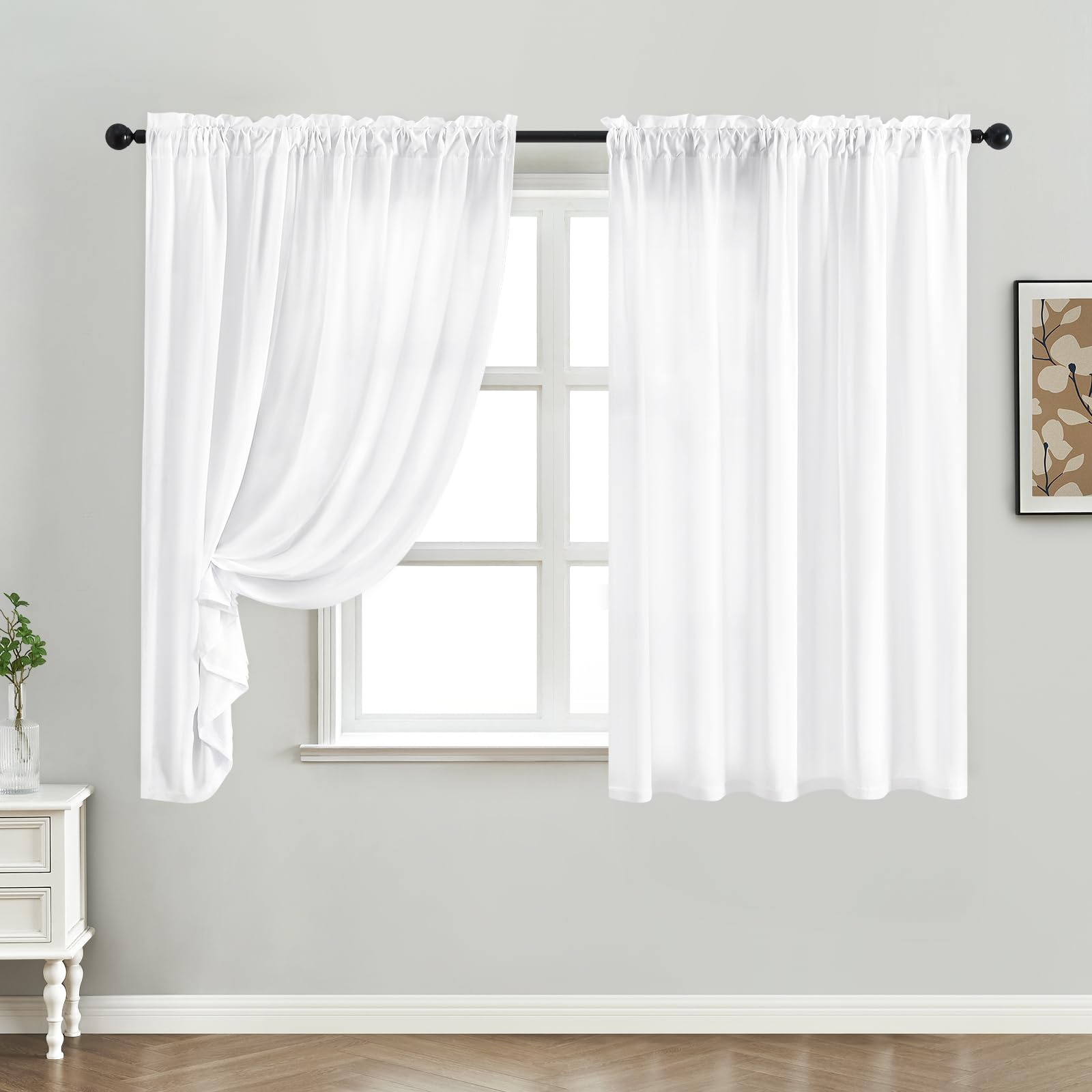 HOMEIDEAS light-filtering white sheer curtain close-up fabric texture enhances softness.