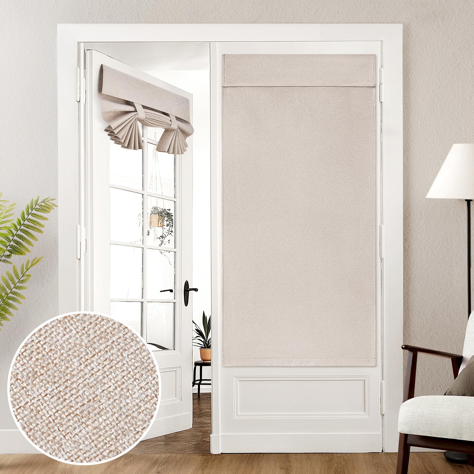 HOMEIDEAS linen blackout curtain on a French door blocks sunlight for privacy.