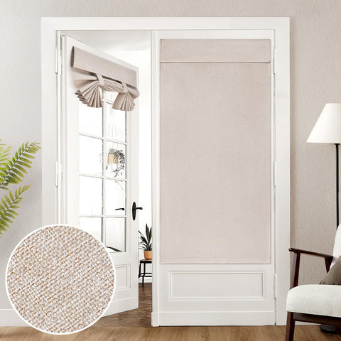 HOMEIDEAS linen blackout curtain on a French door blocks sunlight for privacy.
