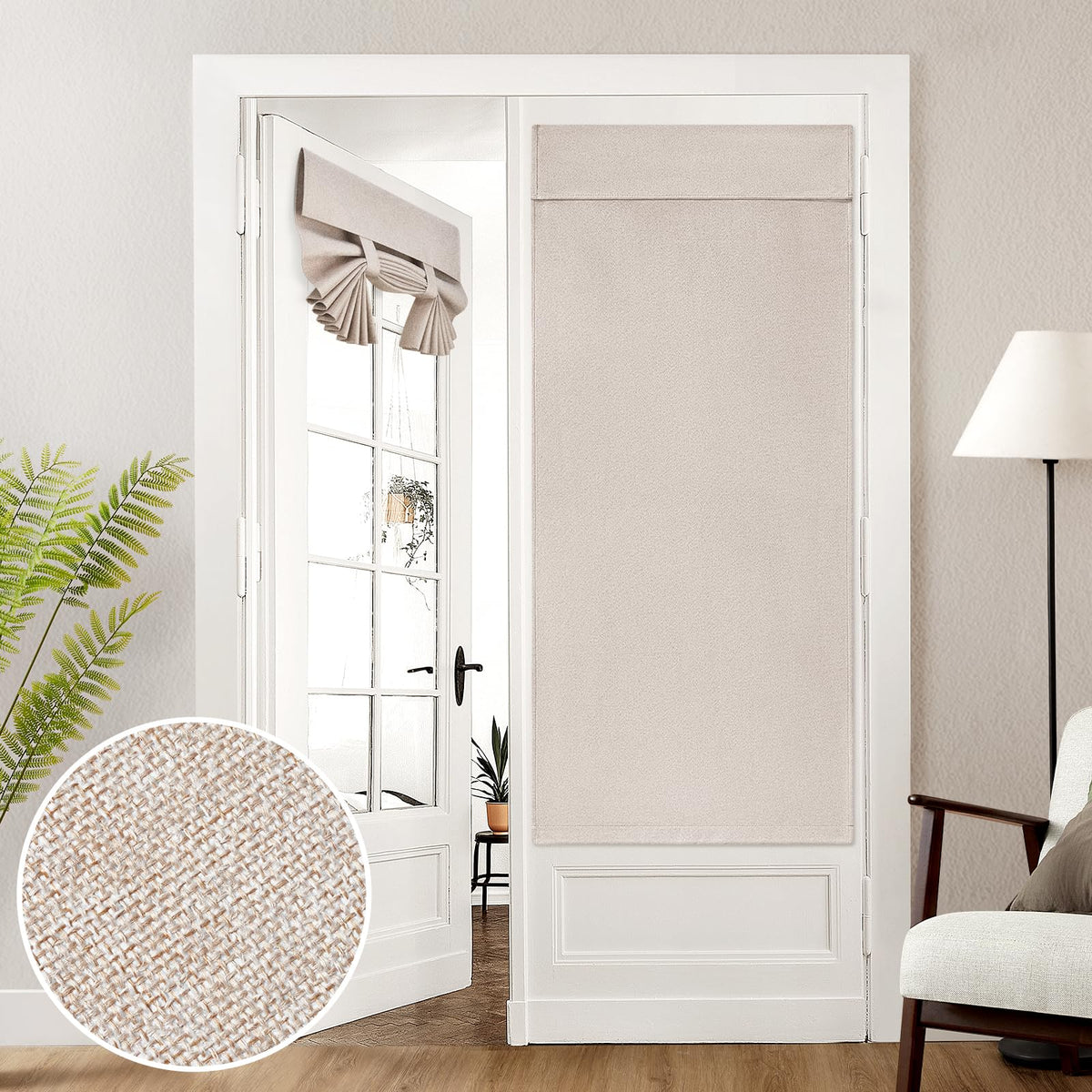 HOMEIDEAS linen blackout French door curtain front view blocks sunlight and privacy