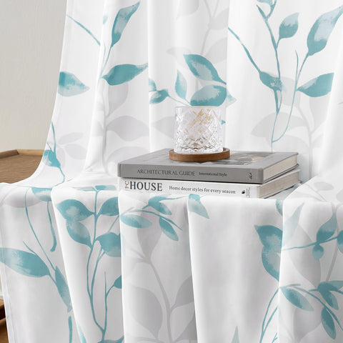 HOMEIDEAS living room with teal-white privacy curtains creating soft ambience