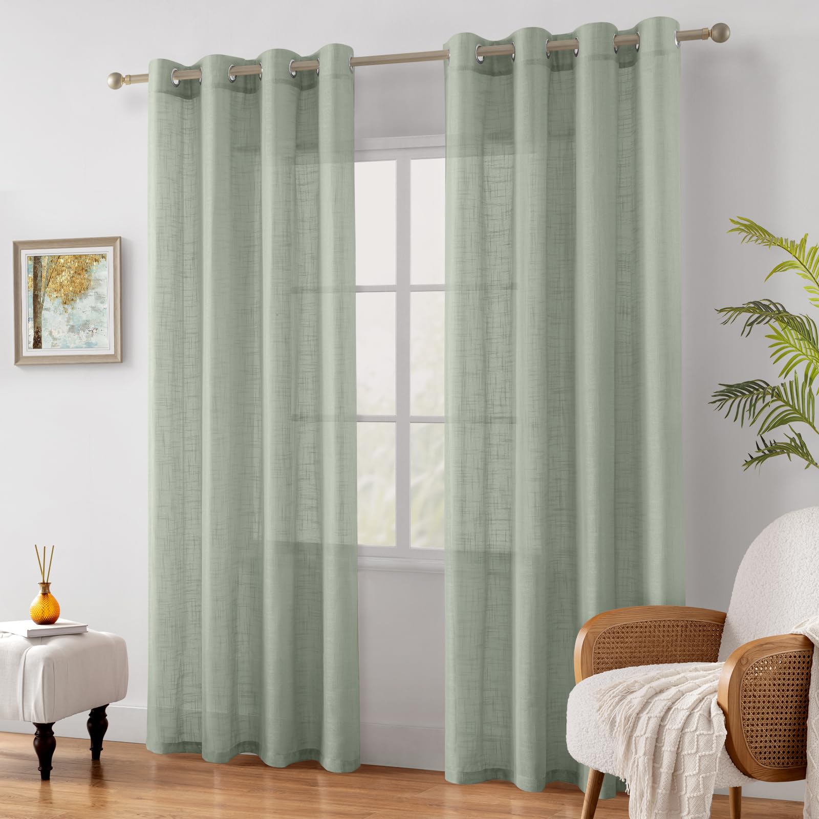 Living room setup featuring HOMEIDEAS sage green linen textured curtains.