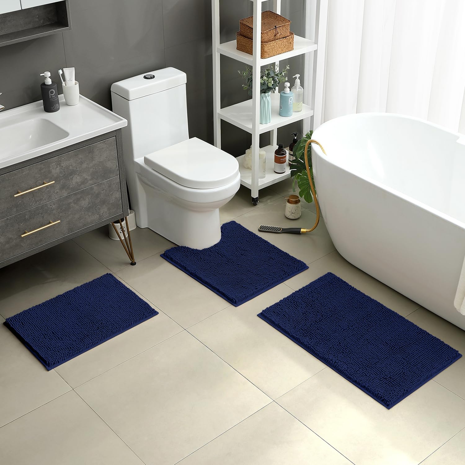 HOMEIDEAS Navy 3-piece set U-shaped rug contours with non-slip grip