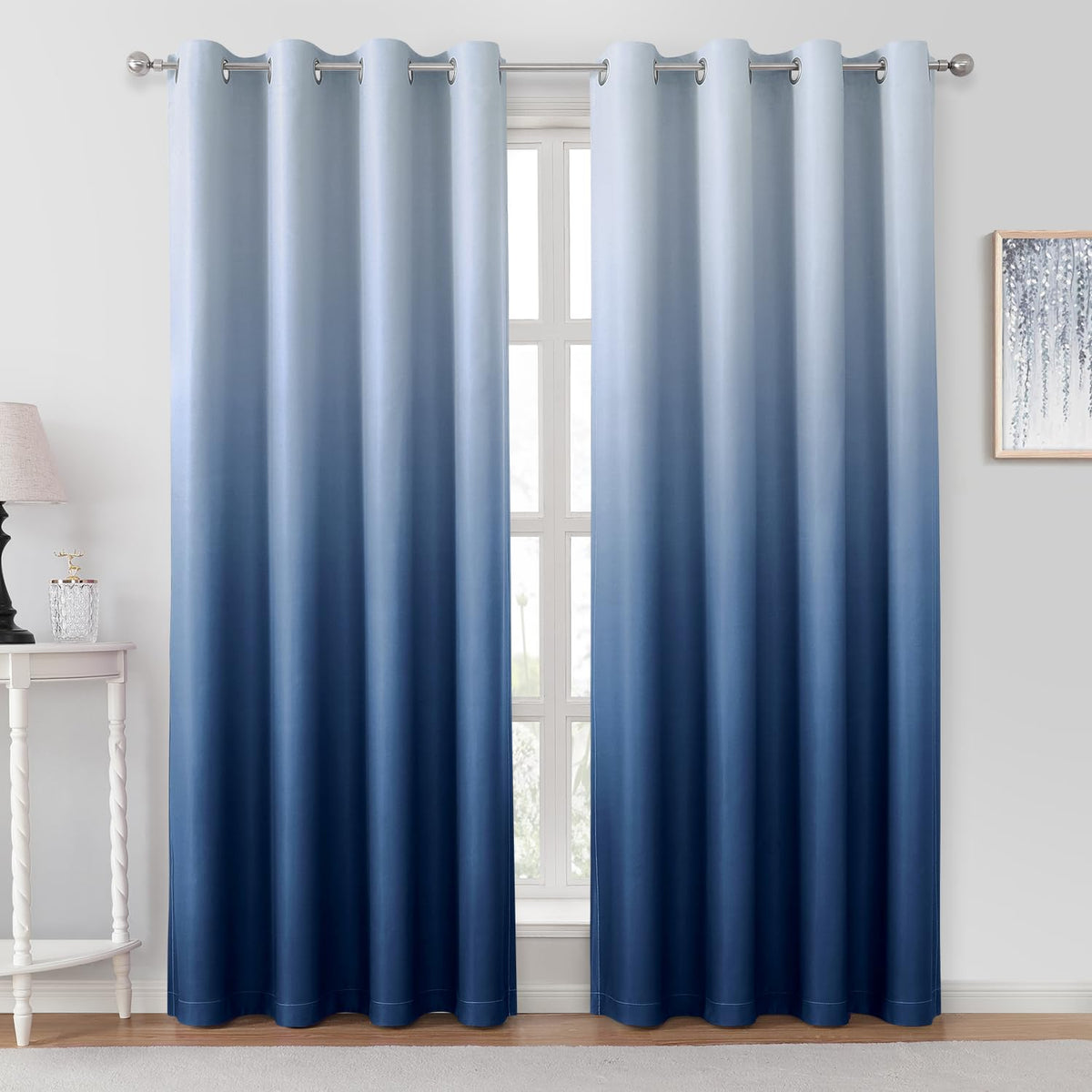 HOMEIDEAS navy blue ombre curtain front view enhances room ambiance and light control.