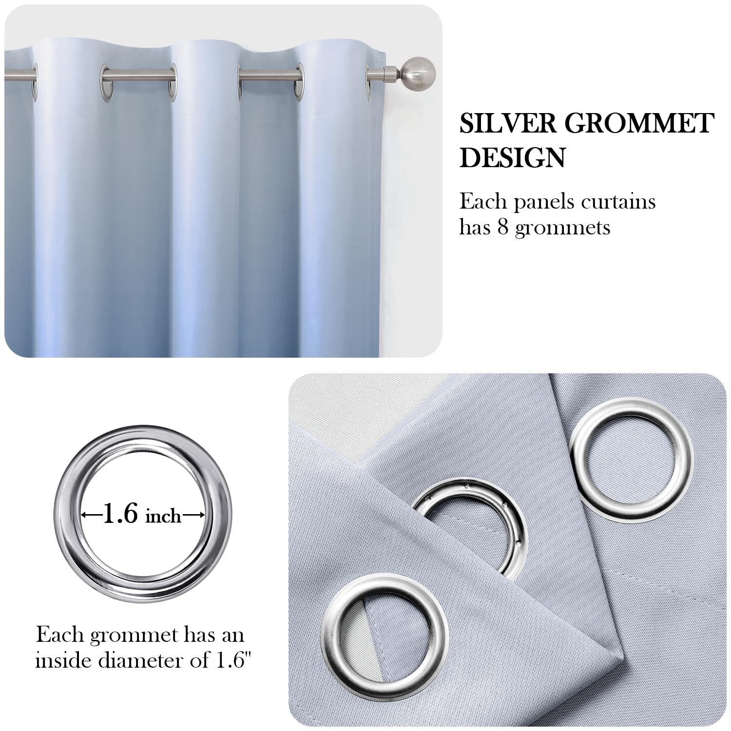HOMEIDEAS curtain grommets close-up show easy slide and secure installation.