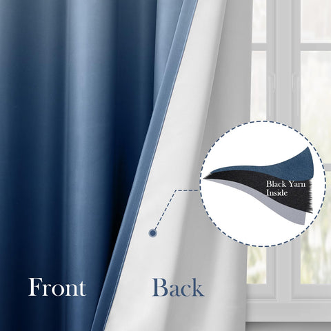 HOMEIDEAS navy blue ombre curtain living-room setup blocks light for movie nights.