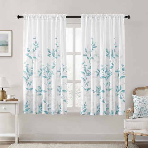 HOMEIDEAS non-see-through teal curtains with bottom leaf print for stylish privacy