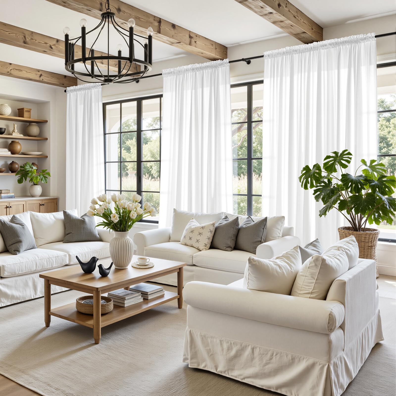 HOMEIDEAS bedroom view with white privacy sheers providing soft daytime privacy