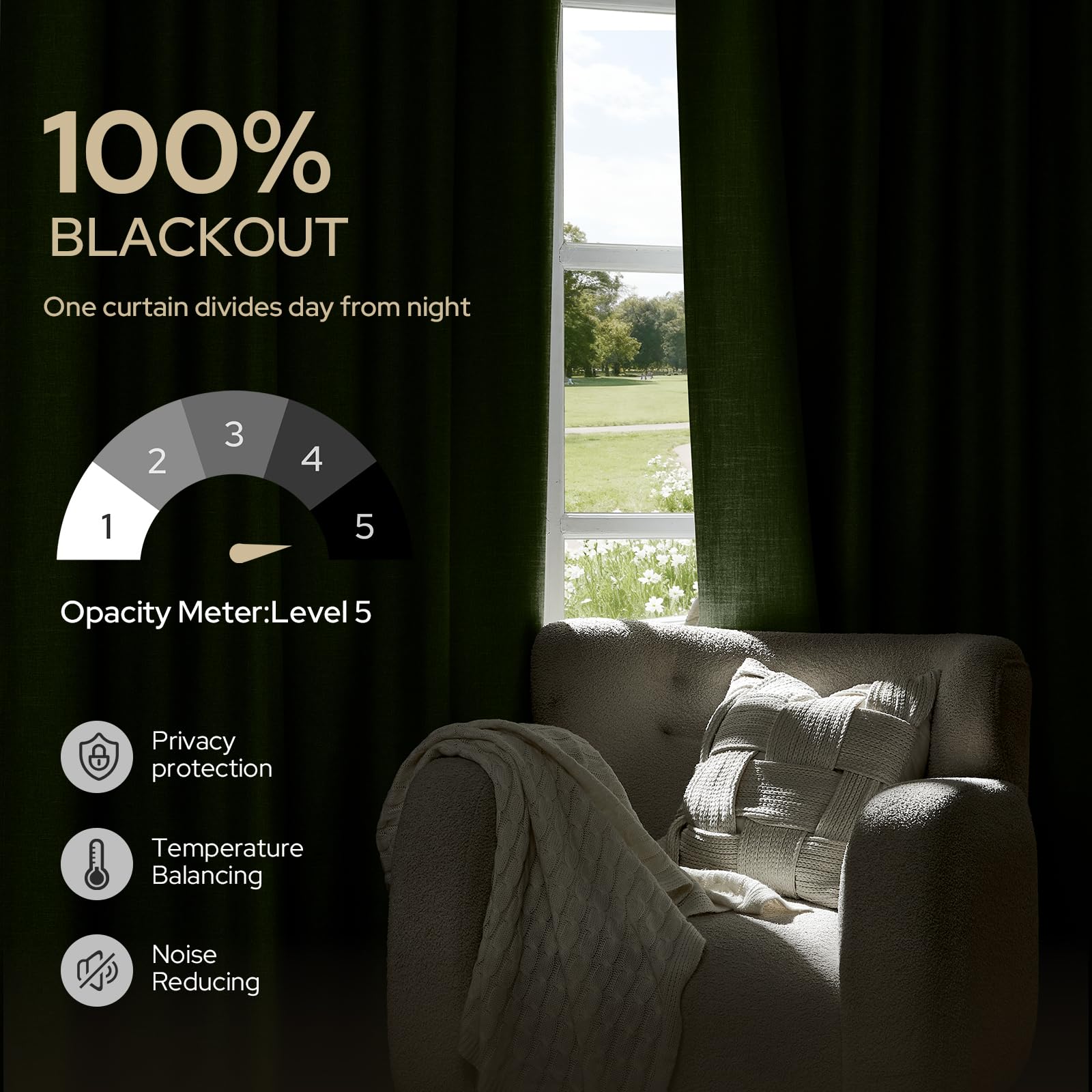 HOMEIDEAS olive-green curtains bedroom setup, cozy ambience and modern farmhouse style.