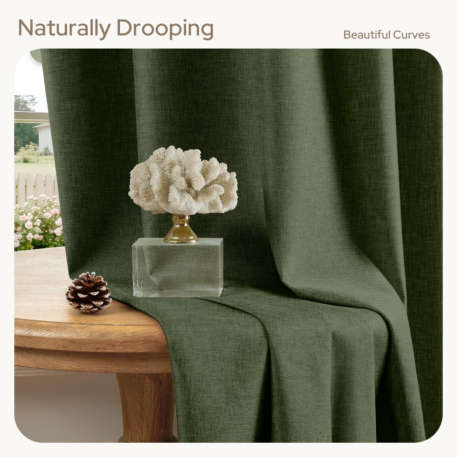HOMEIDEAS olive-green curtains boho living room styling, natural texture and calm color.