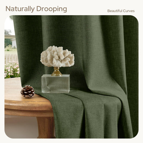 HOMEIDEAS olive-green curtains boho living room styling, natural texture and calm color.