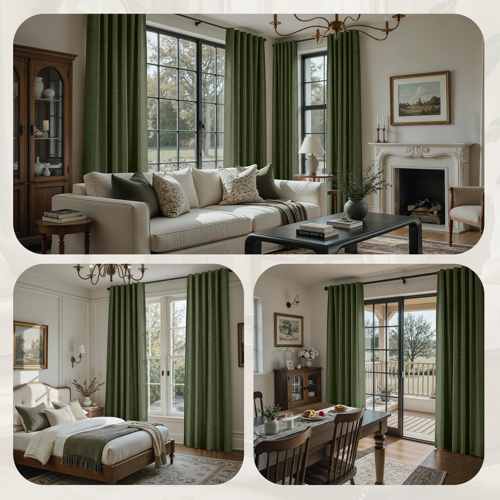 HOMEIDEAS olive-green curtains draped on window, softly filtering light and adding warmth.