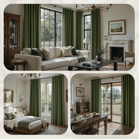HOMEIDEAS olive-green curtains draped on window, softly filtering light and adding warmth.