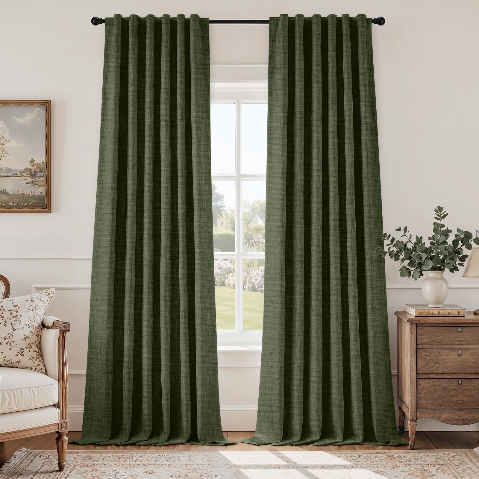 HOMEIDEAS olive-green curtains fabric texture close-up, durable linen-inspired weave.