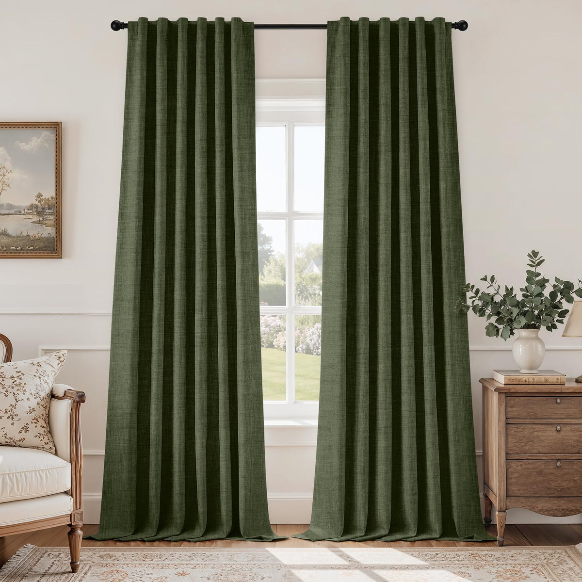 HOMEIDEAS olive-green curtains fabric texture close-up, durable linen-inspired weave.