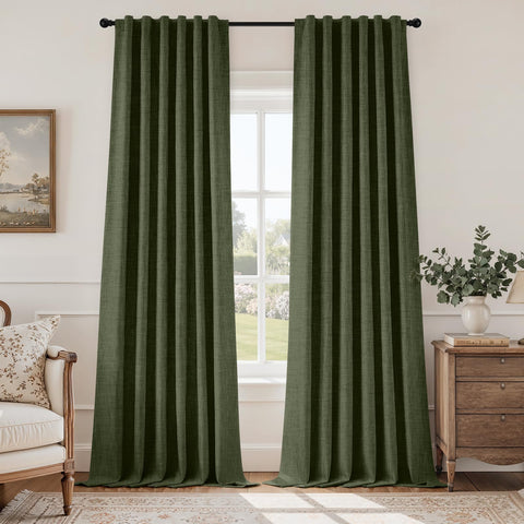 HOMEIDEAS olive-green curtains fabric texture close-up, durable linen-inspired weave.