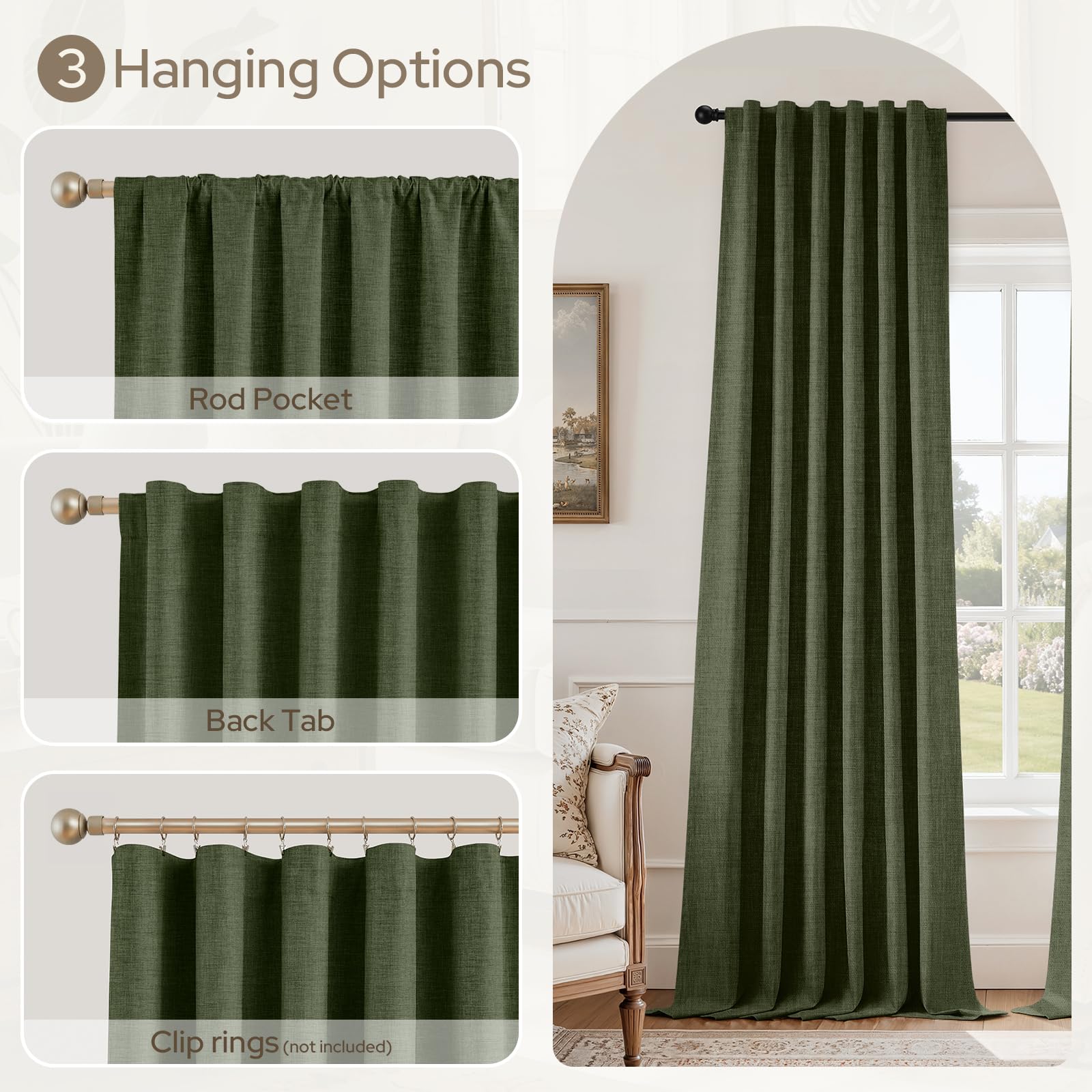 HOMEIDEAS olive-green curtains packaged two panels, ready for quick installation.