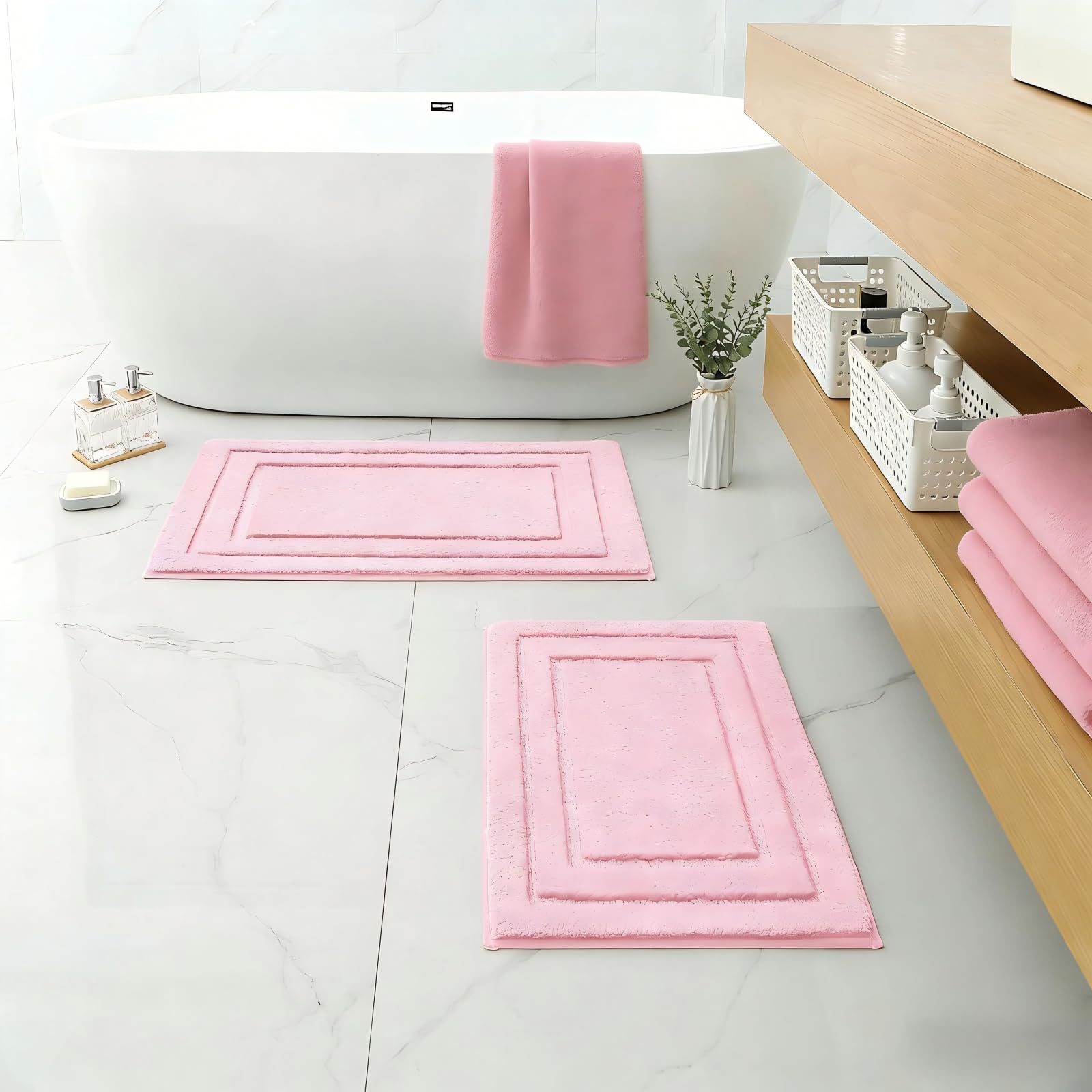 HOMEIDEAS pink bath rug 16x24 front view highlights plush comfort.