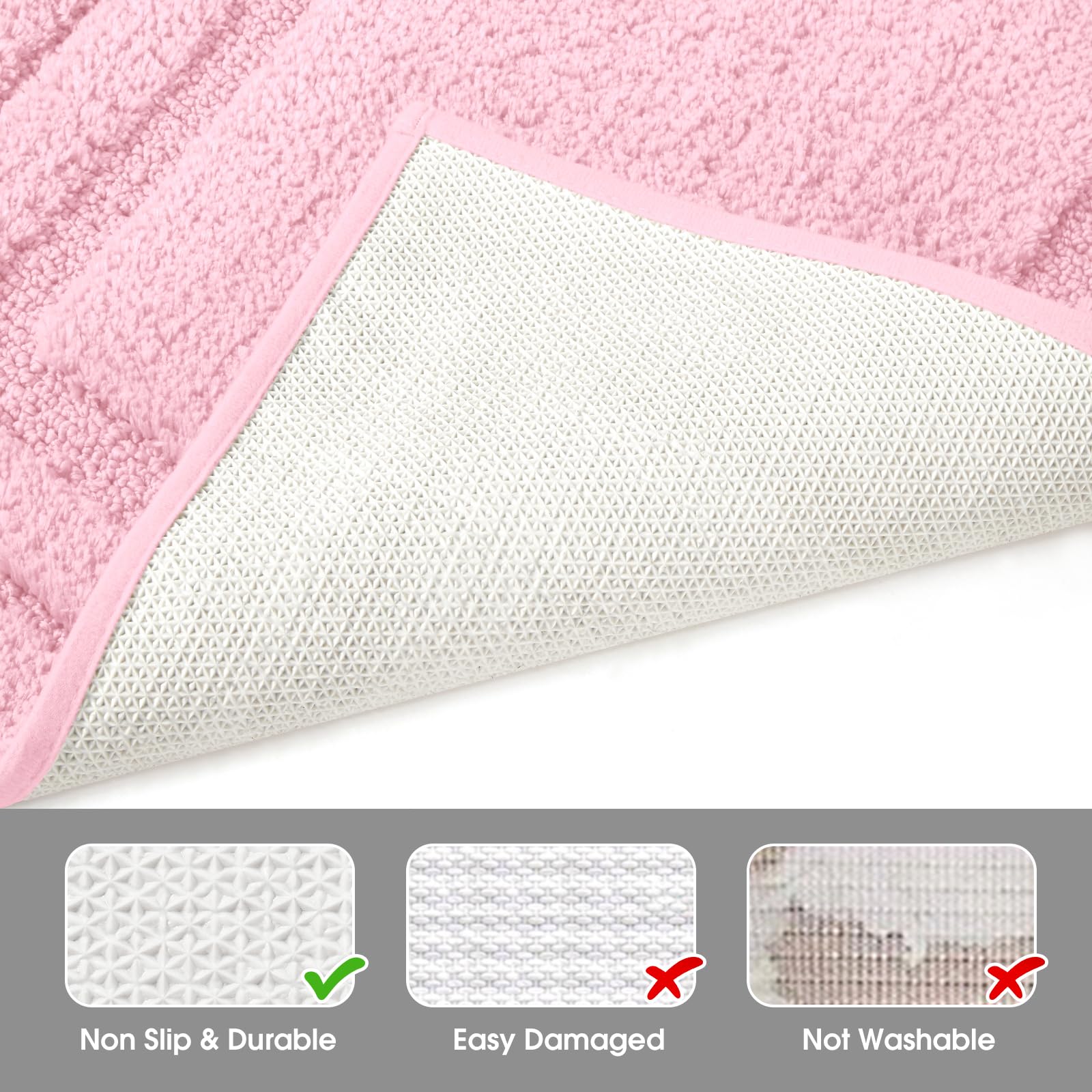 HOMEIDEAS pink bath rug close-up emphasizes durable fibers.