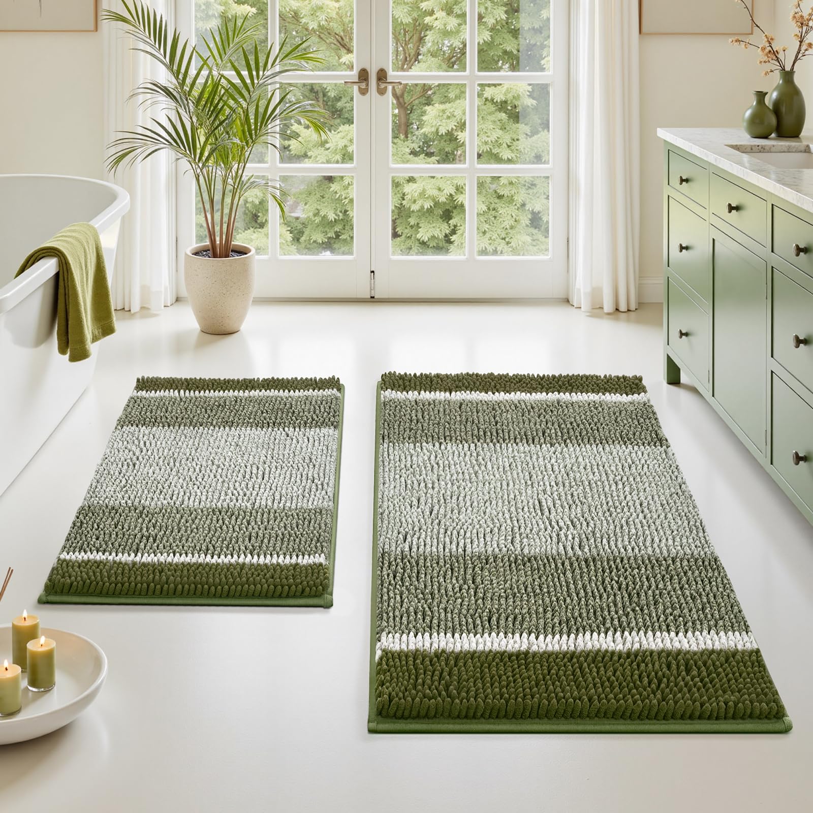 HOMEIDEAS Sage Green bath rug 20x32 texture closeup showcases plush softness.