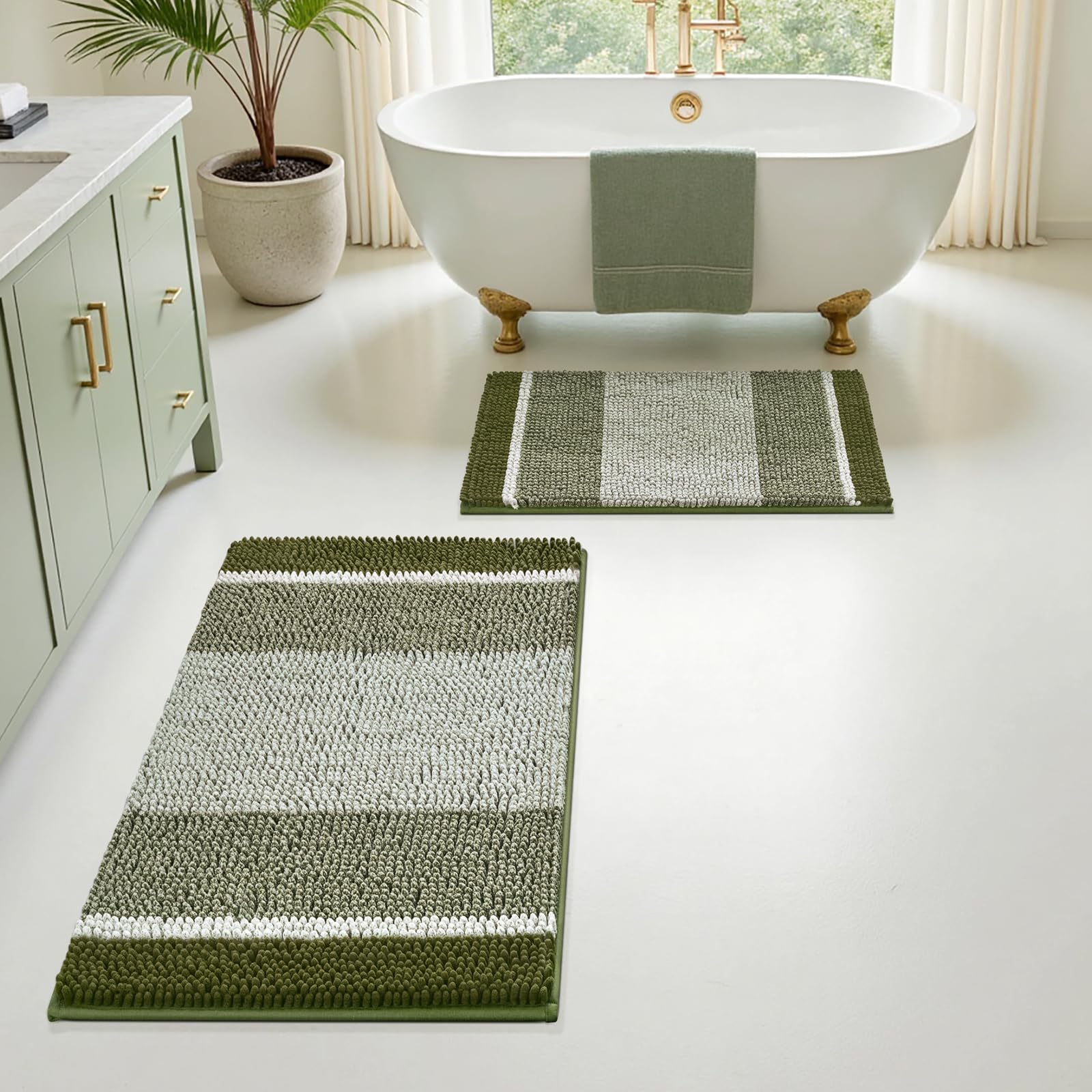 HOMEIDEAS Sage Green bath rug non-slip backing helps prevent slips on tile floors.