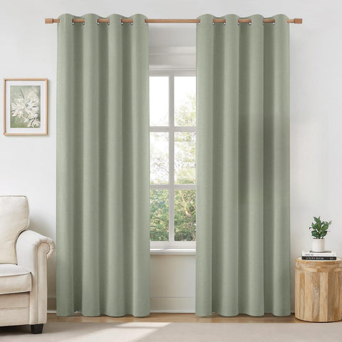 HOMEIDEAS sage green linen blackout curtains in a room setup for deep shade and comfort