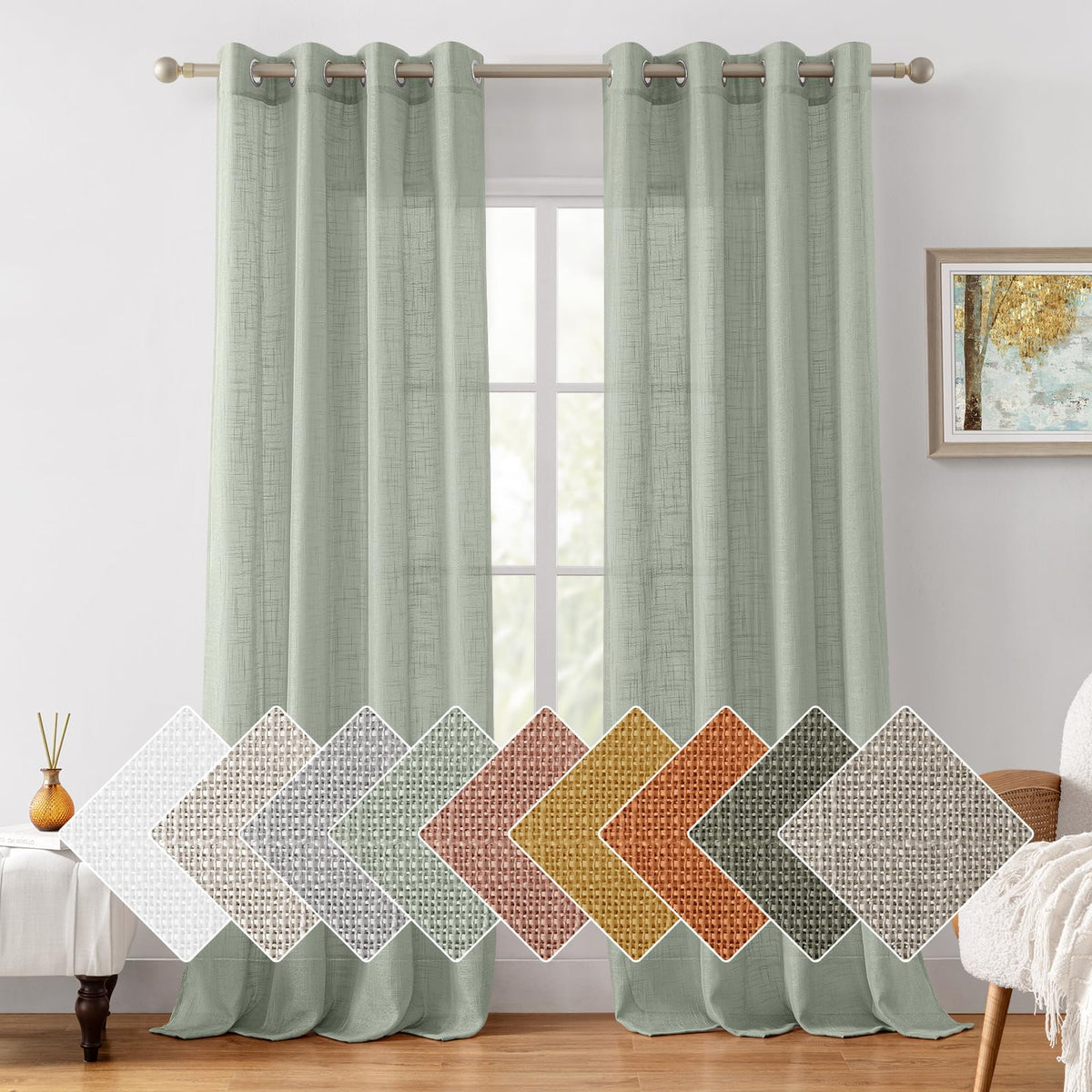 HOMEIDEAS Sage Green Linen Textured Curtains panel close-up showing texture and length 52x84 inches.