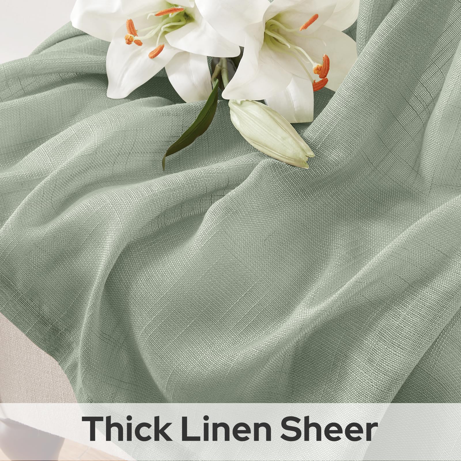 Close-up of HOMEIDEAS sage green linen textured curtains showing faux linen weave.