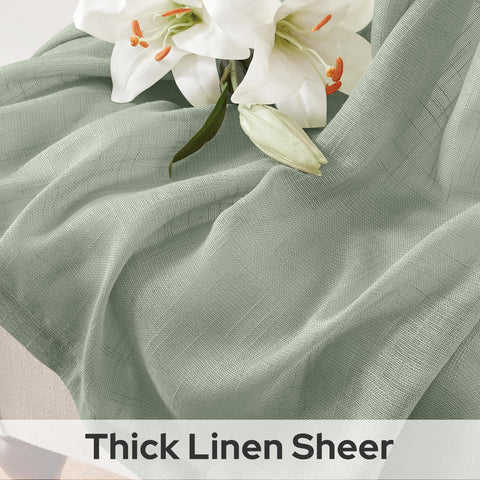 Close-up of HOMEIDEAS sage green linen textured curtains showing faux linen weave.