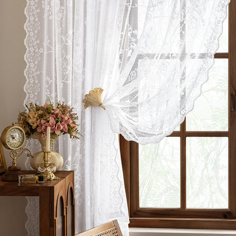 HOMEIDEAS Scalloped lace border curtain adds vintage charm to bedroom windows.