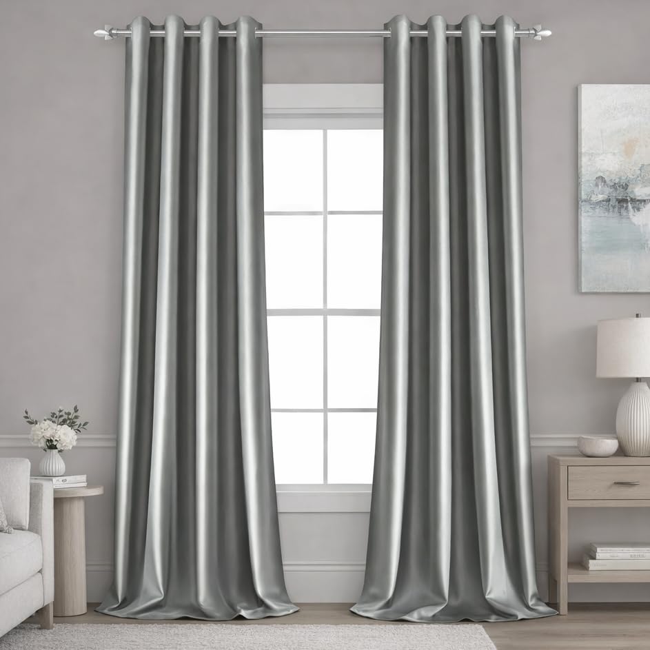 HOMEIDEAS silver grey faux silk curtains fabric close-up showing silky texture and luxury.