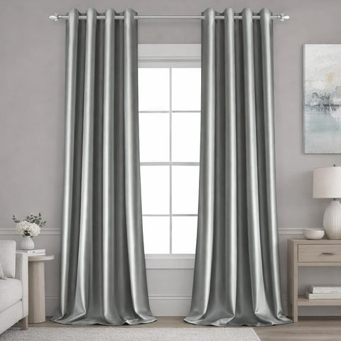 HOMEIDEAS silver grey faux silk curtains fabric close-up showing silky texture and luxury.