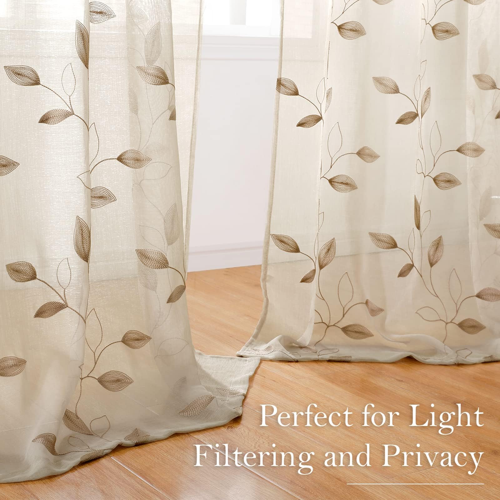 HOMEIDEAS taupe sheer curtains showcase faux linen texture and light diffusion.