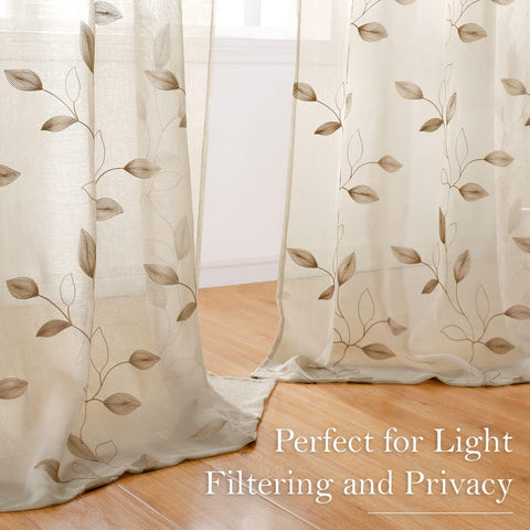 HOMEIDEAS taupe sheer curtains showcase faux linen texture and light diffusion.